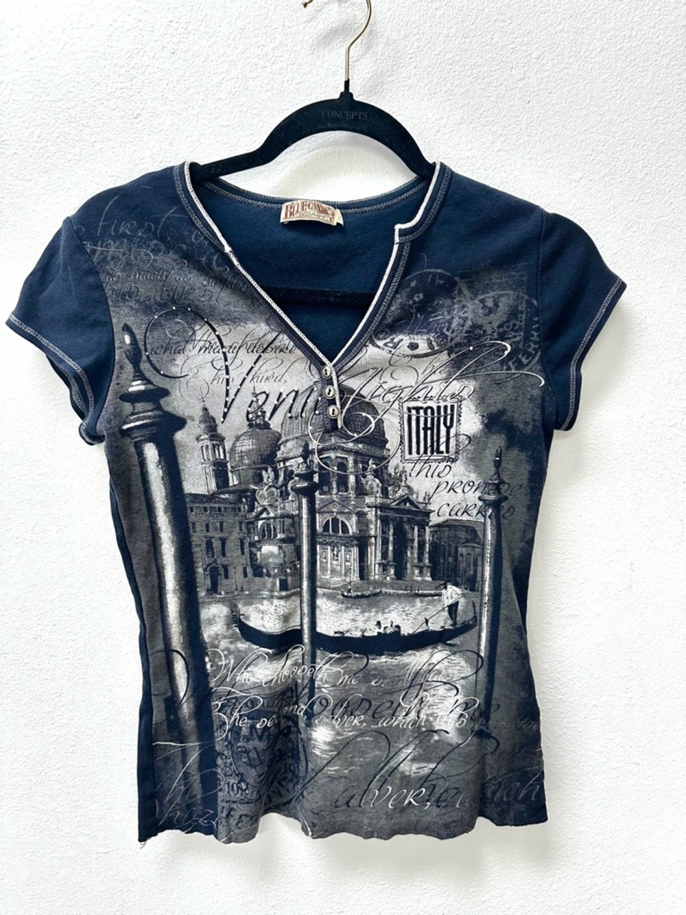 y2k italy graphic baby tee by Blue Canyon — venice rhinestone henley top small